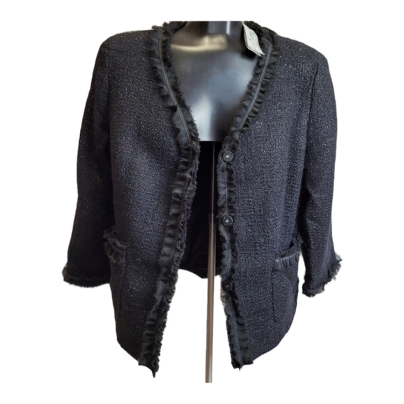 Talbots Tweed wool Boucle Jacket black sparkly lace ruffle fray trim Women's 12 - Picture 6 of 16